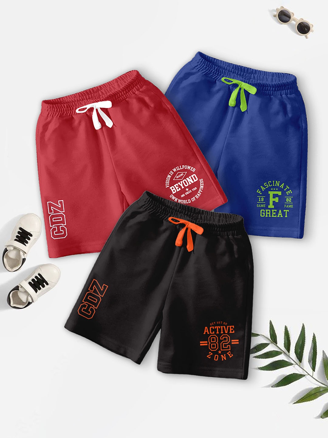 

BAESD Boys Pack Of 3 Typography Printed Mid-Rise Casual Outdoor Shorts, Red