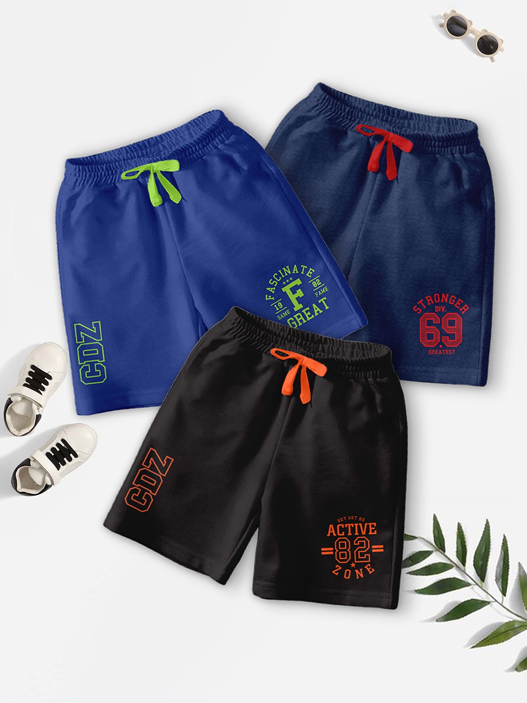 

BAESD Boys Pack Of 3 Typography Printed Mid-Rise Regular Fit Casual Shorts, Navy blue