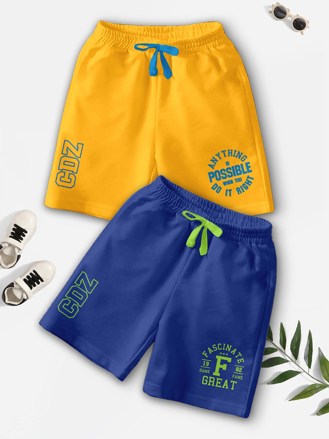 

BAESD Boys Pack Of 2 Typography Printed Mid-Rise Casual Outdoor Shorts, Yellow