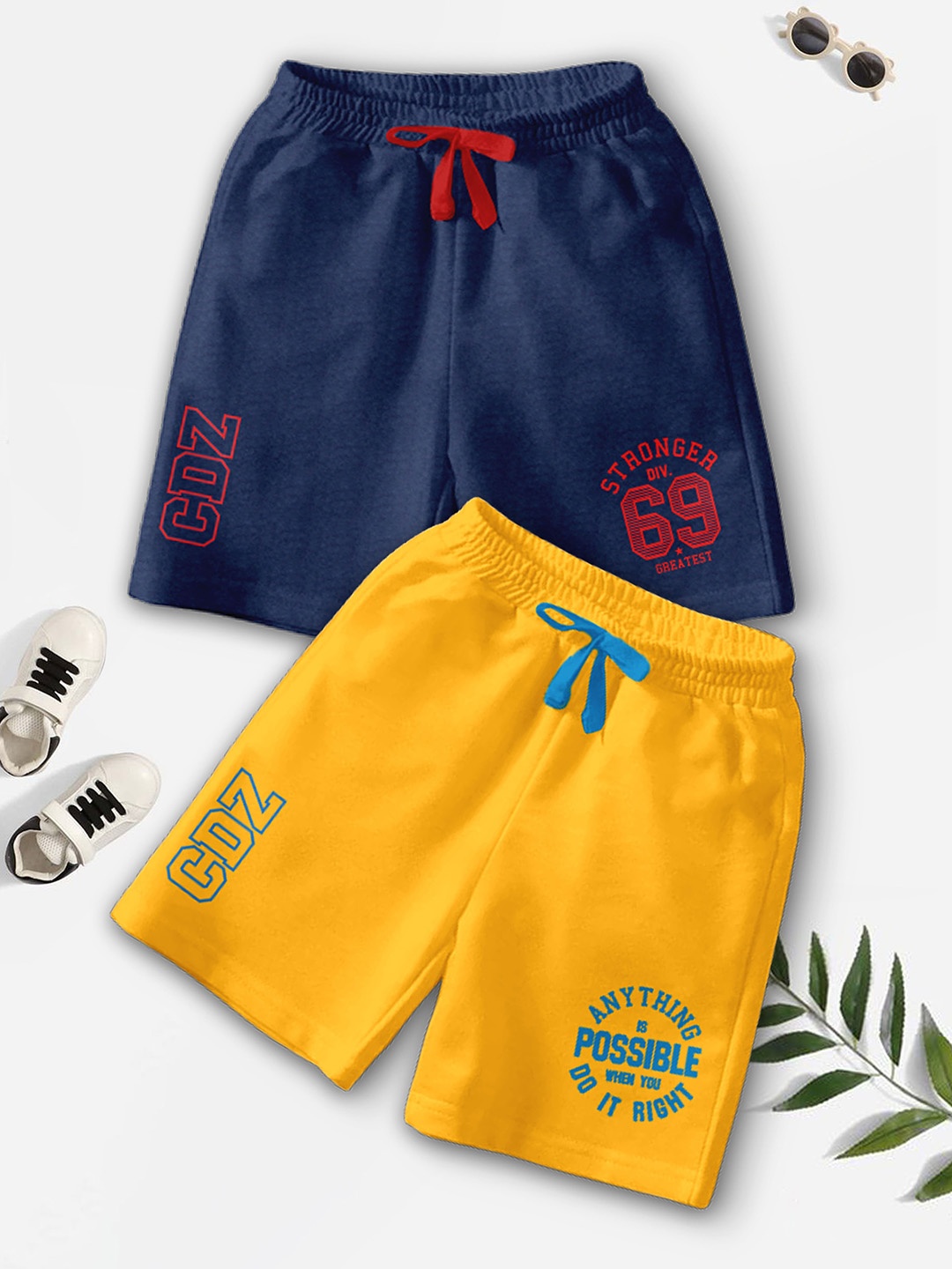 

BAESD Boys Pack Of 2 Typography Printed Mid-Rise Casual Outdoor Shorts, Navy blue