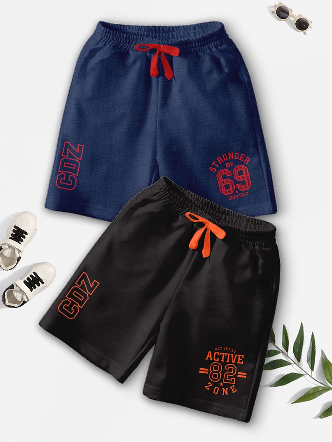 

BAESD Boys Pack of 2 Typography Printed Mid-Rise Shorts, Navy blue