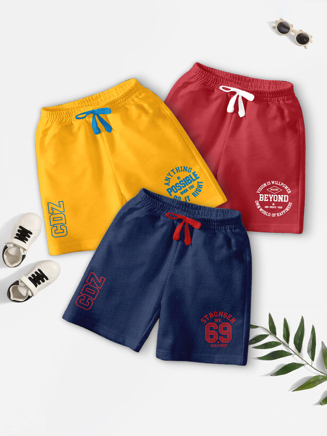 

BAESD Boys Pack Of 3 Typography Printed Mid-Rise Casual Outdoor Shorts, Navy blue