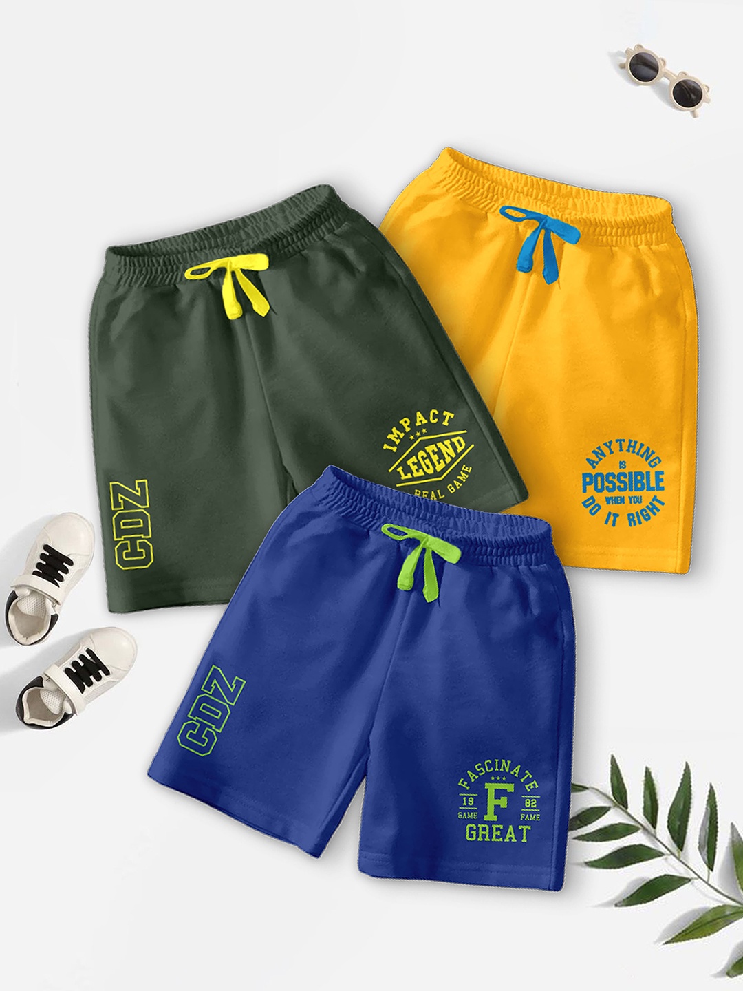 

BAESD Boys Pack Of 3 Typography Printed Mid-Rise Regular Fit Casual Shorts, Yellow