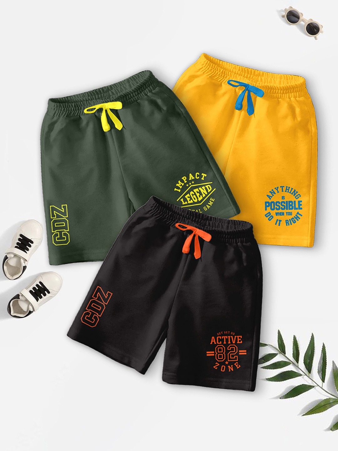BAESD Boys Pack Of 3 Typography Printed Mid-Rise Casual Outdoor Shorts, Green