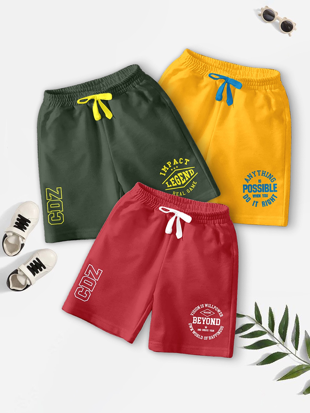 BAESD Boys Pack of 3 Typography Printed Mid-Rise Shorts, Yellow