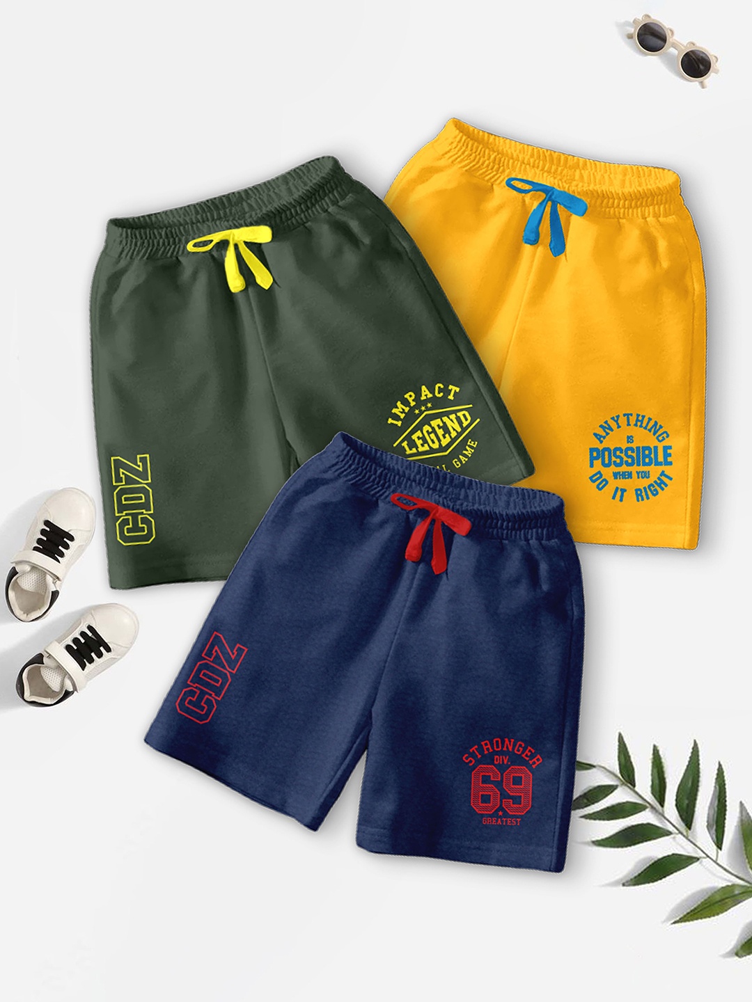 

BAESD Boys Pack of 3 Typography Printed Mid-Rise Shorts, Yellow