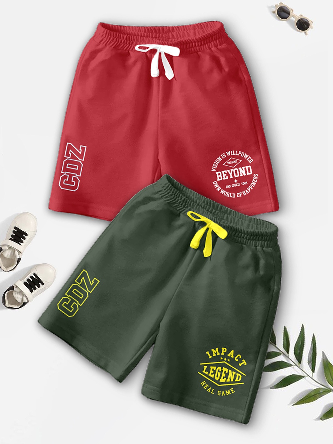 

BAESD Boys Pack Of 2 Typography Printed Mid-Rise Regular Fit Casual Shorts, Red