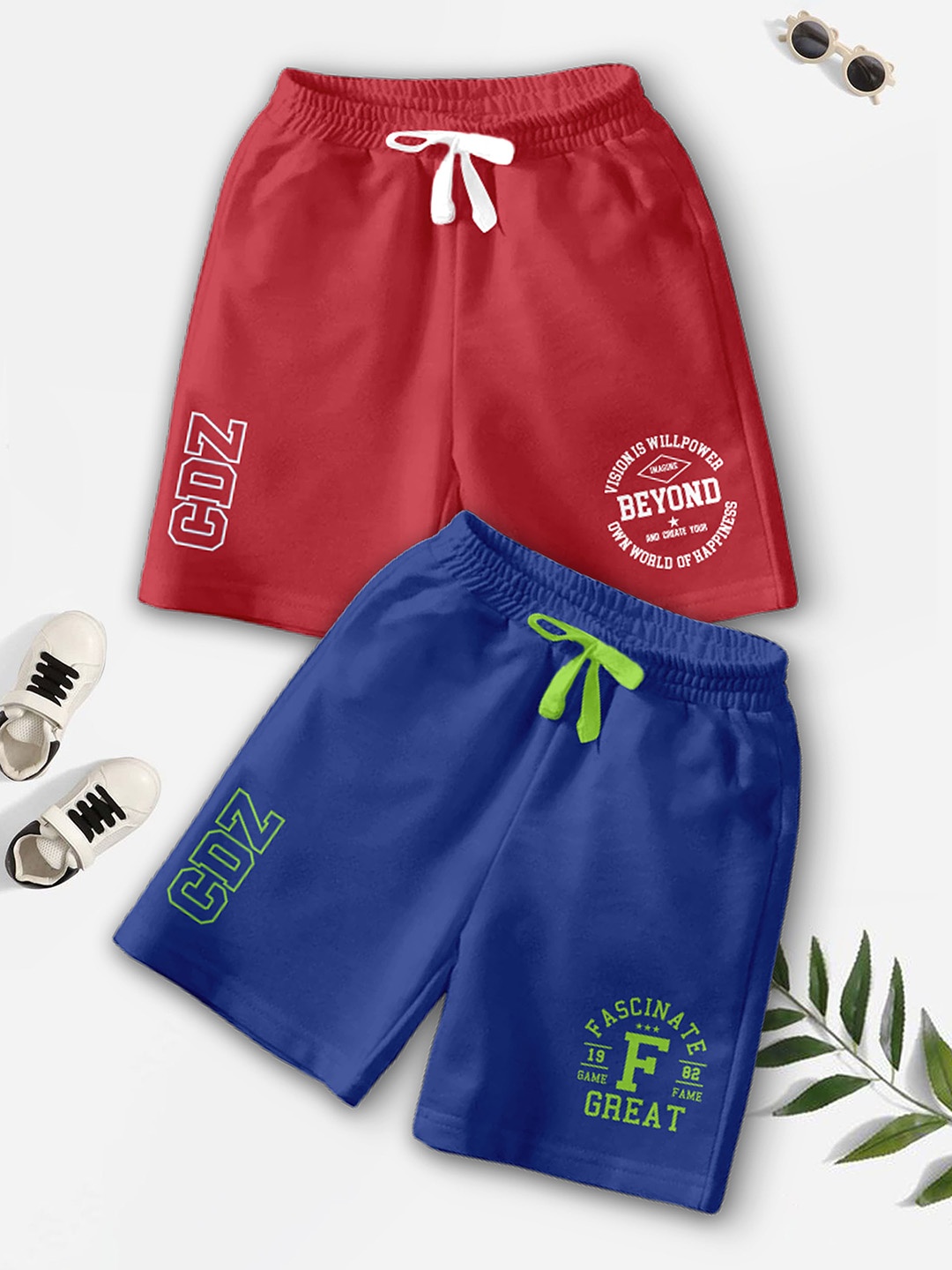 

BAESD Boys Pack Of 2 Typography Printed Mid-Rise Breathable Outdoor Casual Shorts, Blue