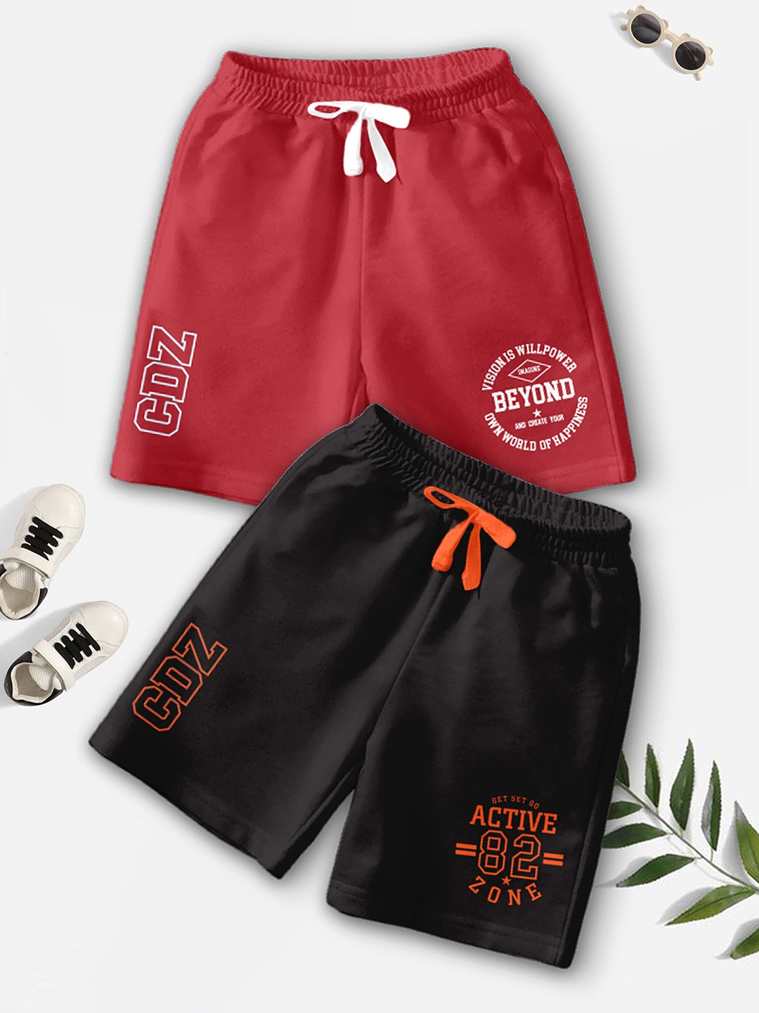 

BAESD Boys Pack Of 2 Typography Printed Knee Length Regular Fit Outdoor Shorts, Red