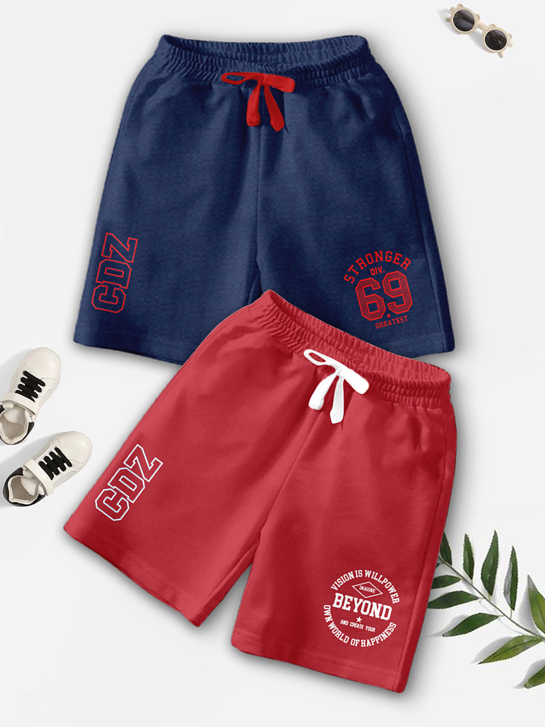 

BAESD Boys Pack Of 2 Typography Printed Mid-Rise Regular Fit Casual Shorts, Navy blue