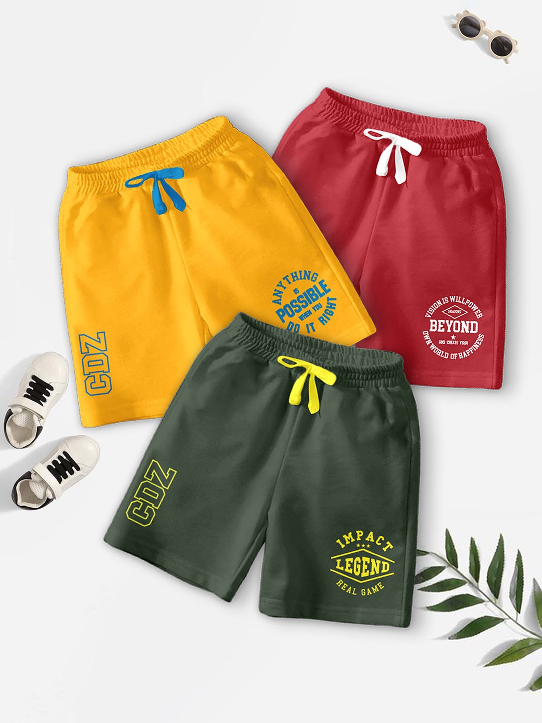 

BAESD Boys Pack Of 3 Typography Printed Mid-Rise Regular Fit Casual Shorts, Red