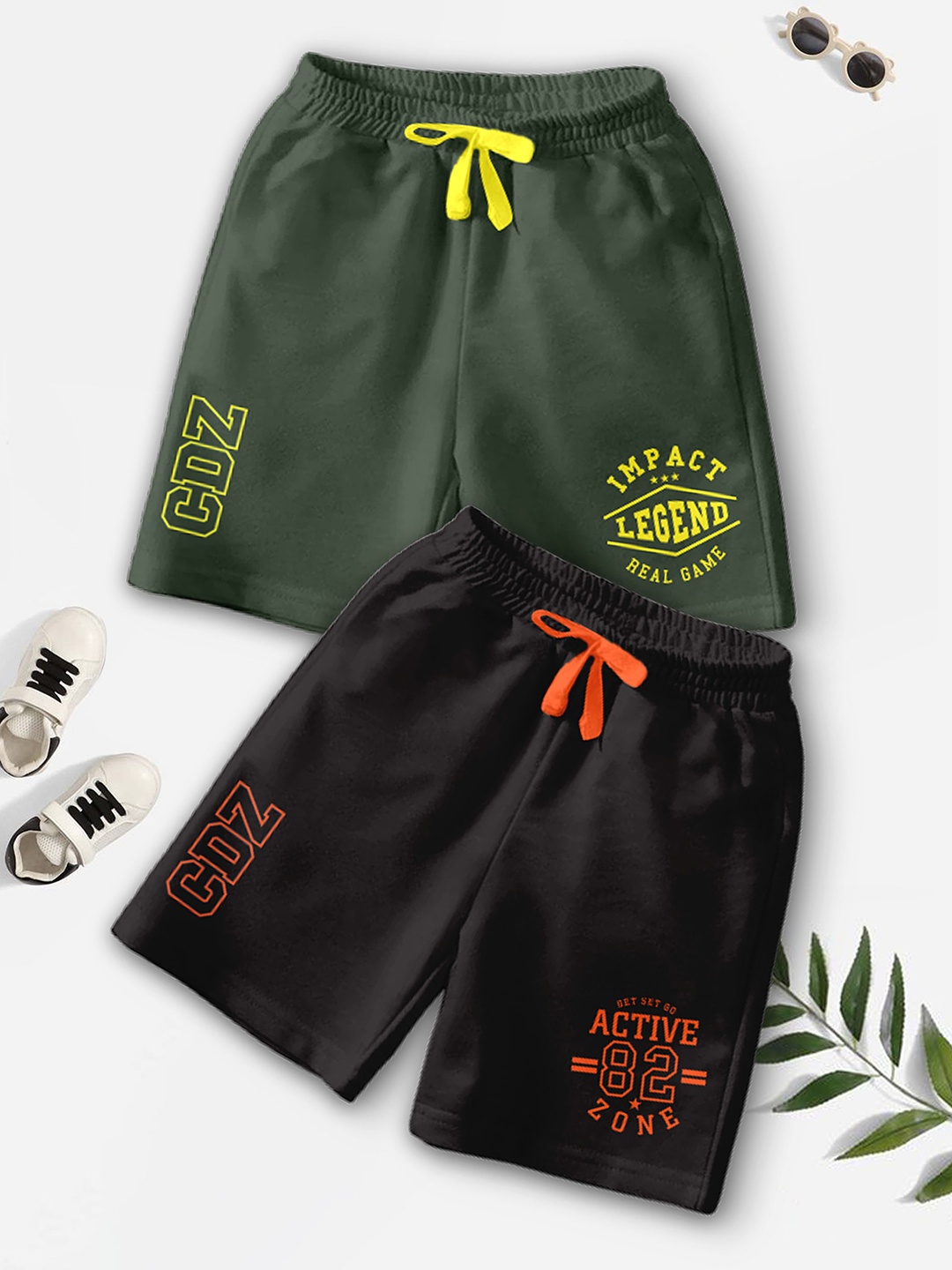 

BAESD Boys Pack Of 2 Typography Printed Mid-Rise Casual Outdoor Shorts, Green
