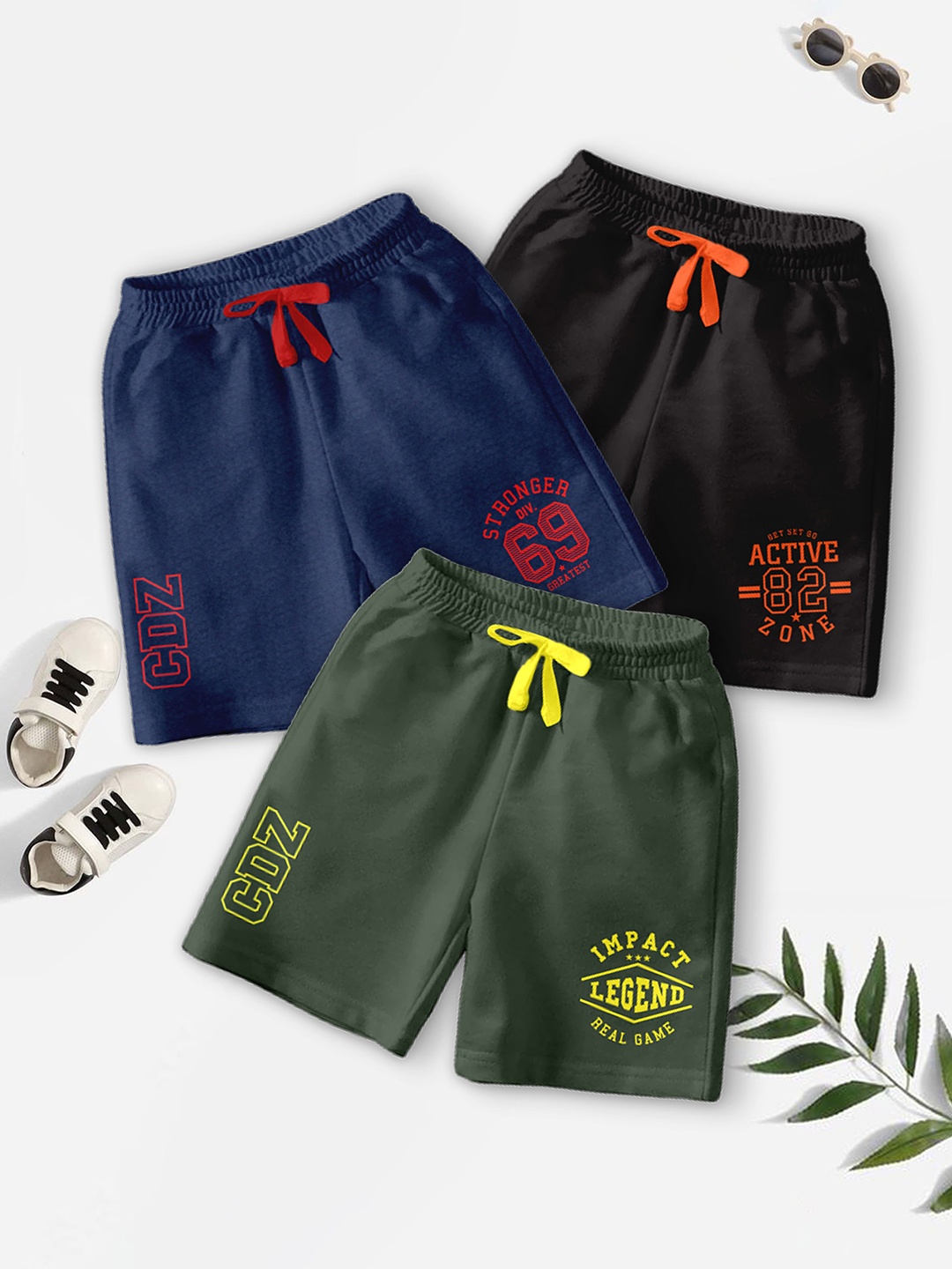 

BAESD Boys Pack Of 3 Typography Printed Mid-Rise Casual Outdoor Shorts, Navy blue
