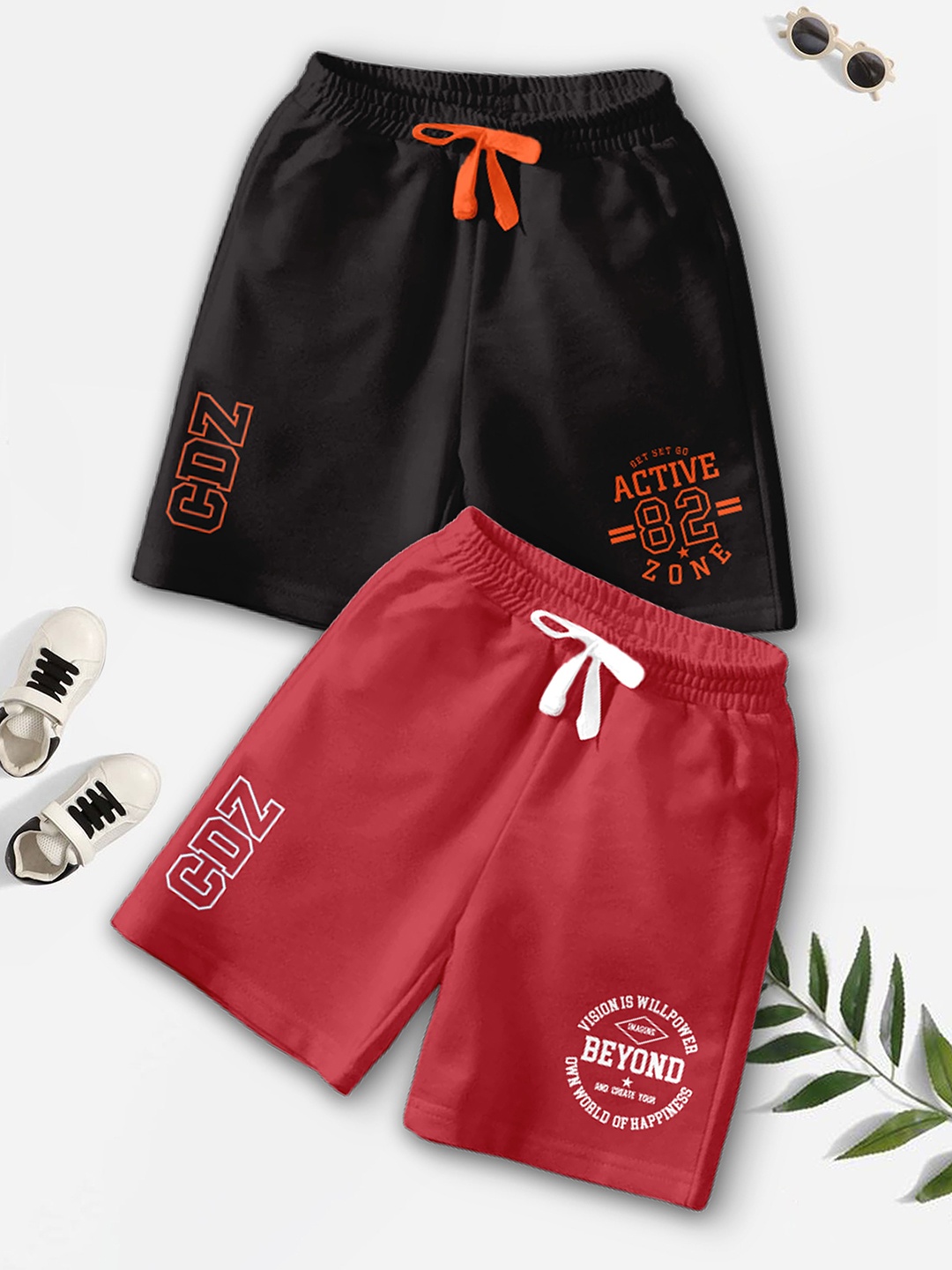 

BAESD Boys Pack Of 2 Typography Printed Mid-Rise Regular Fit Casual Shorts, Red