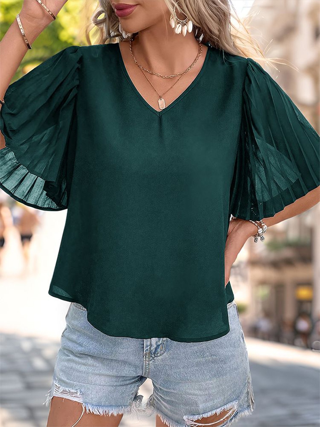 

StyleCast x Revolte V-Neck Flared Sleeves Casual Top, Green
