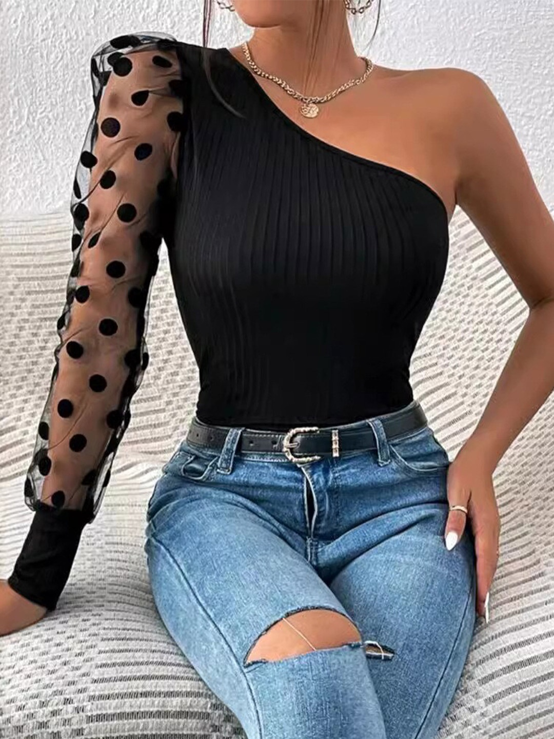

StyleCast x Revolte Striped One Shoulder Puff Sleeves Semi Sheer Fitted Top, Black