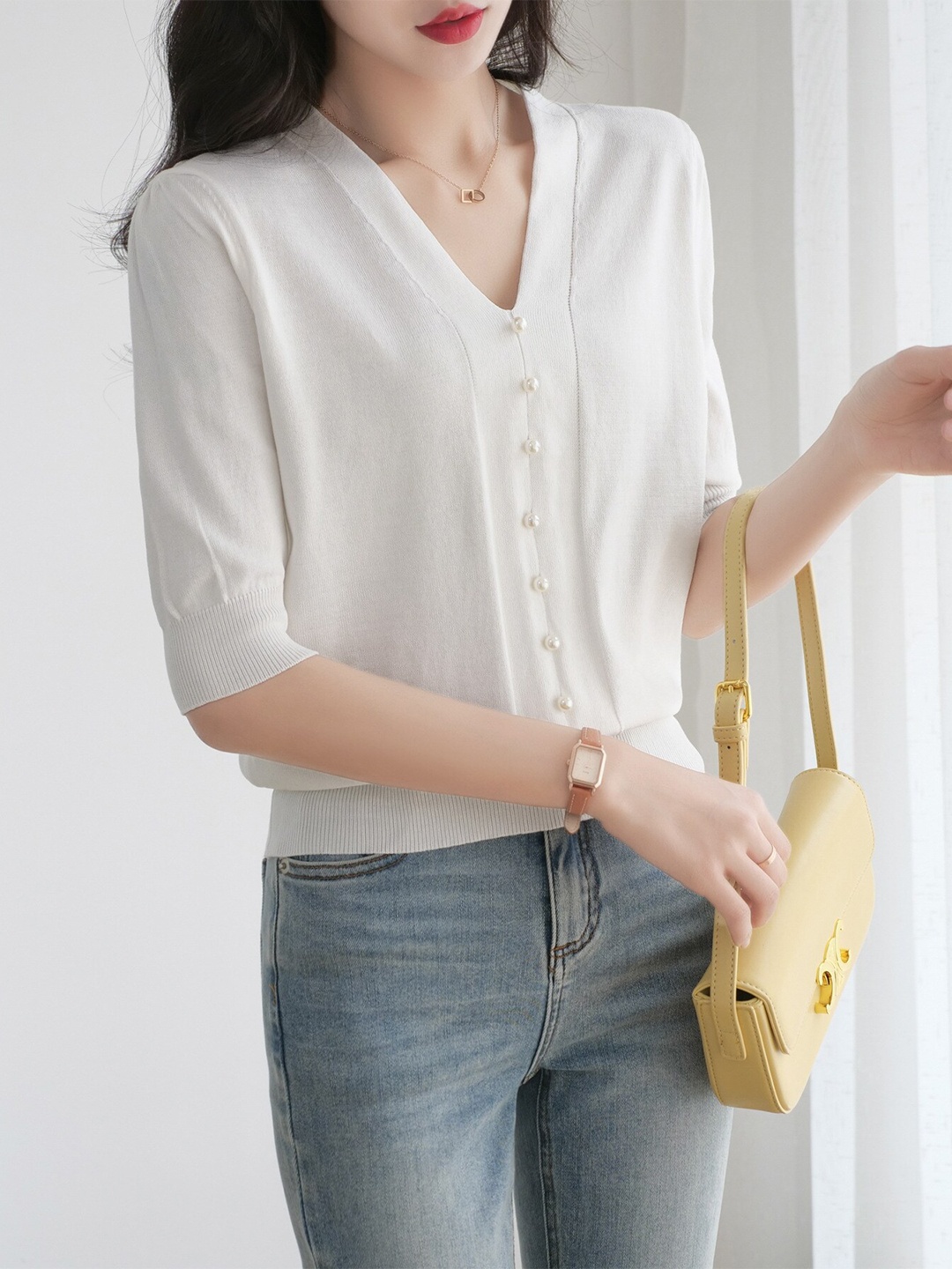 

StyleCast x Revolte White V Neck Georgette Shirt Style Top
