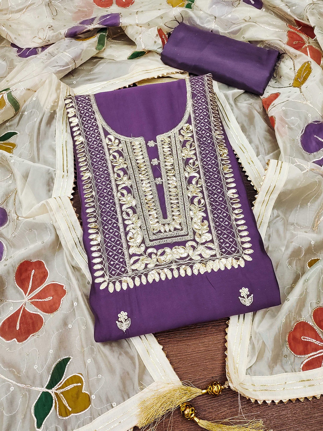 

KALINI Embroidered Pure Silk Unstitched Dress Material, Lavender