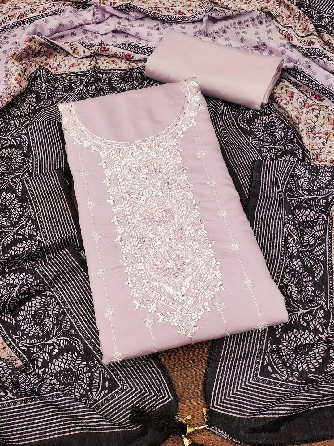 

KALINI Embroidered Pure Silk Unstitched Dress Material, Lavender