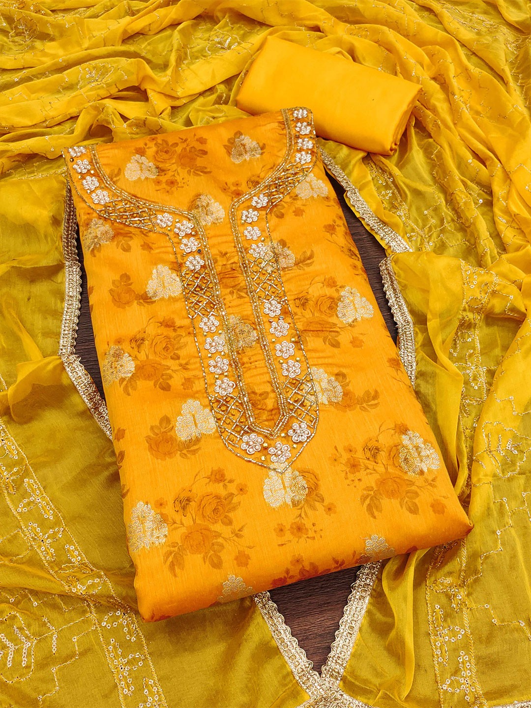 

KALINI Floral Printed Unstitched Dress Material, Yellow