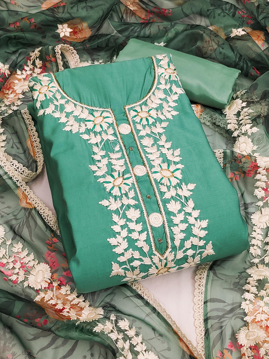 

KALINI Embroidered Pure Silk Unstitched Dress Material, Sea green