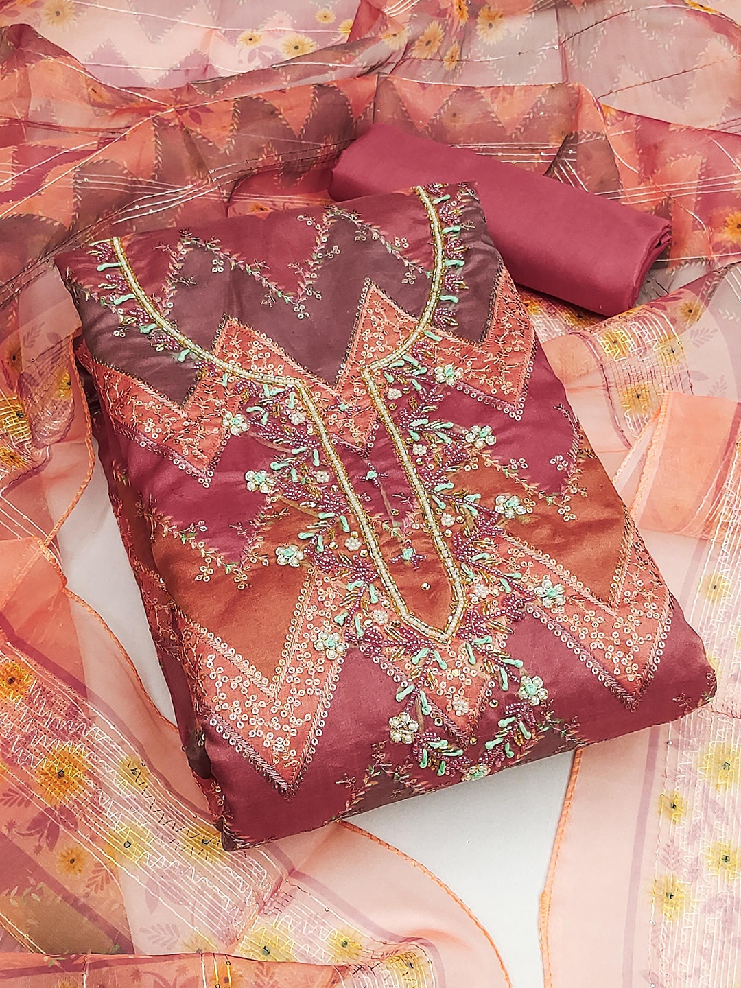 

KALINI Floral Sequinned Embroidered Organza Unstitched Dress Material, Pink