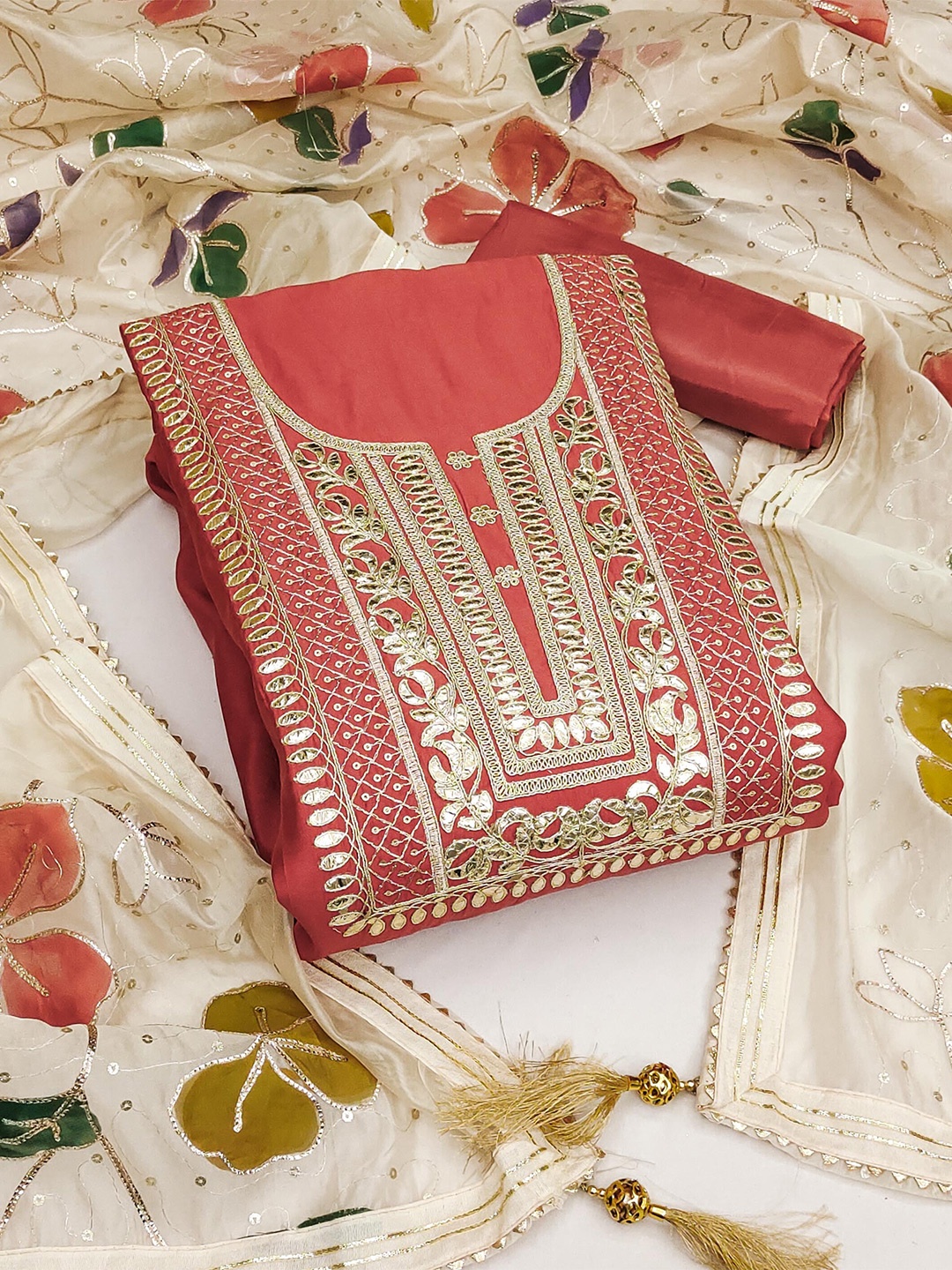 

KALINI Embroidered Pure Silk Unstitched Dress Material, Rust