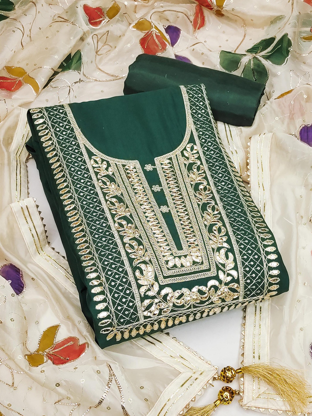 

KALINI Embroidered Pure Silk Unstitched Dress Material, Sea green