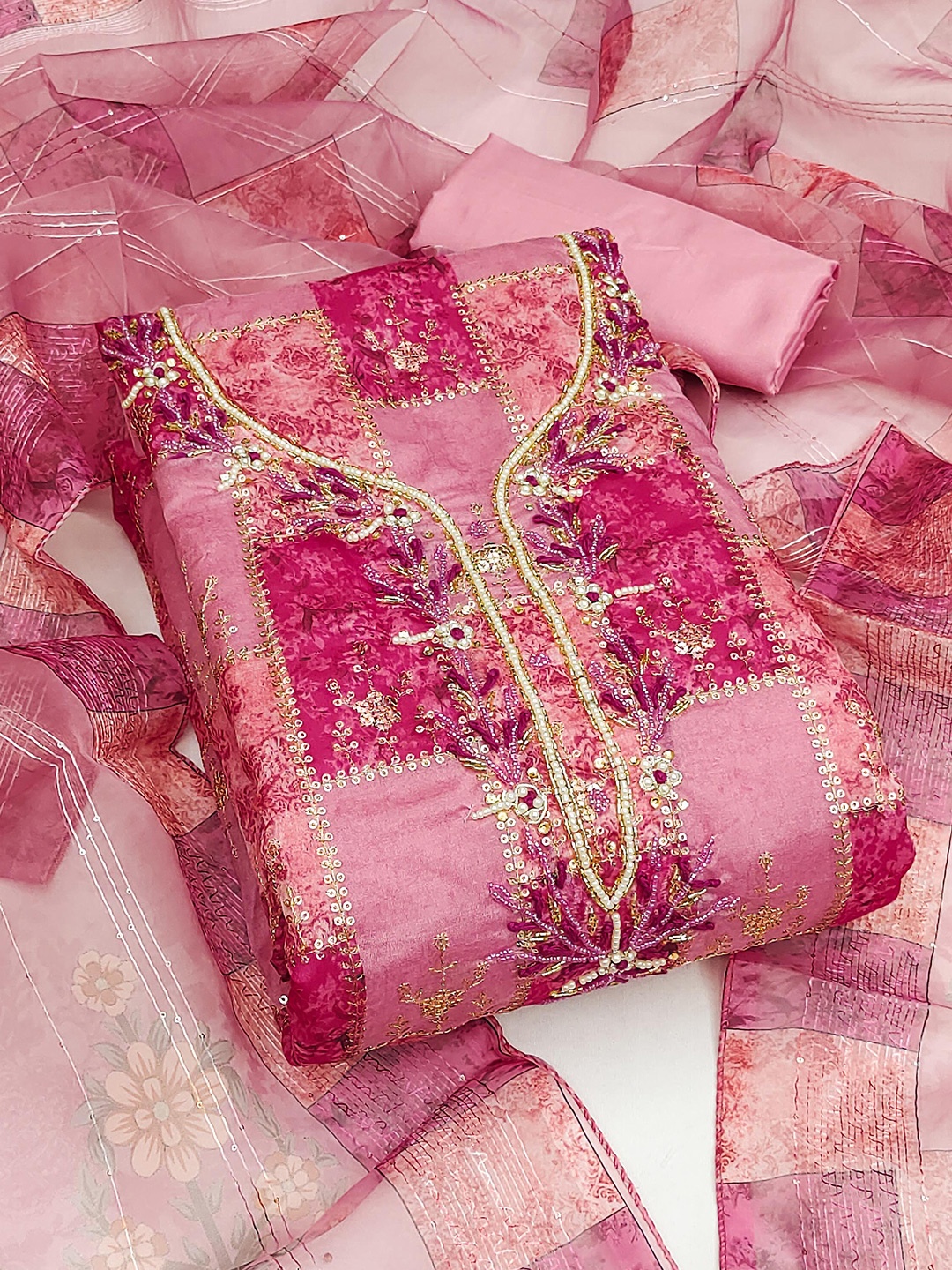 

KALINI Embroidered Organza Unstitched Dress Material, Pink
