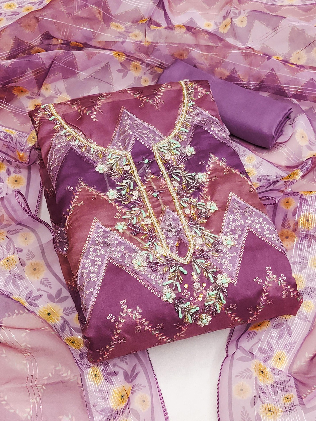 

KALINI Embroidered Organza Unstitched Dress Material, Purple