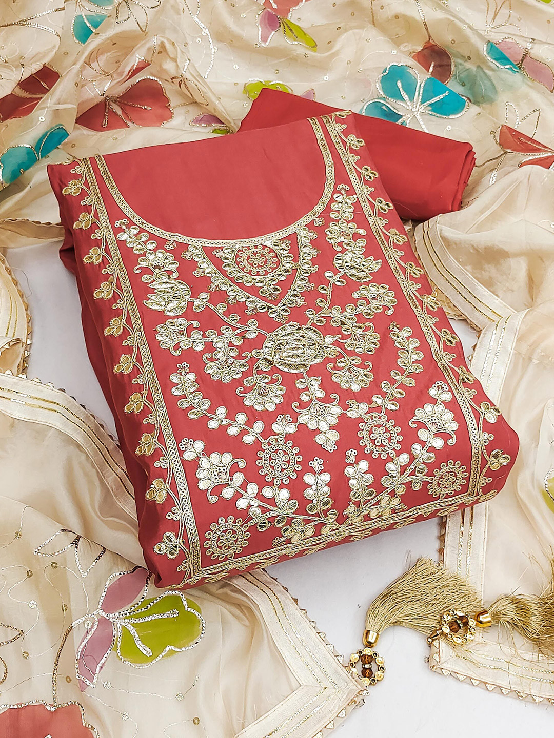

KALINI Embroidered Pure Silk Unstitched Dress Material, Red