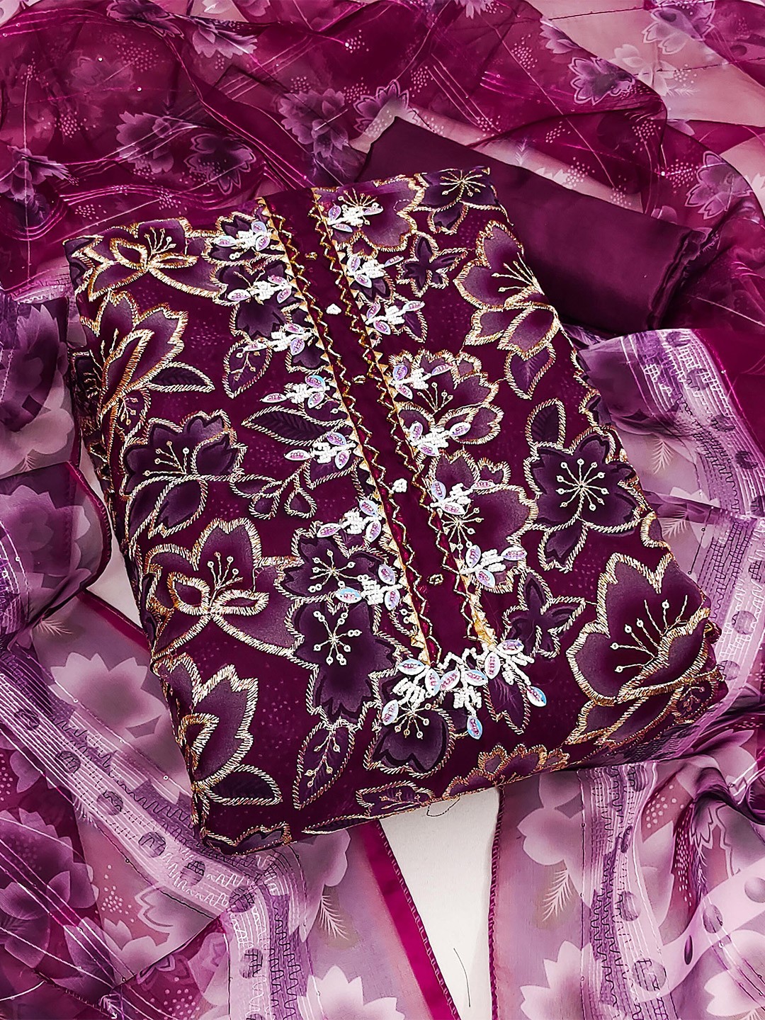 

KALINI Embroidered Organza Unstitched Dress Material, Purple