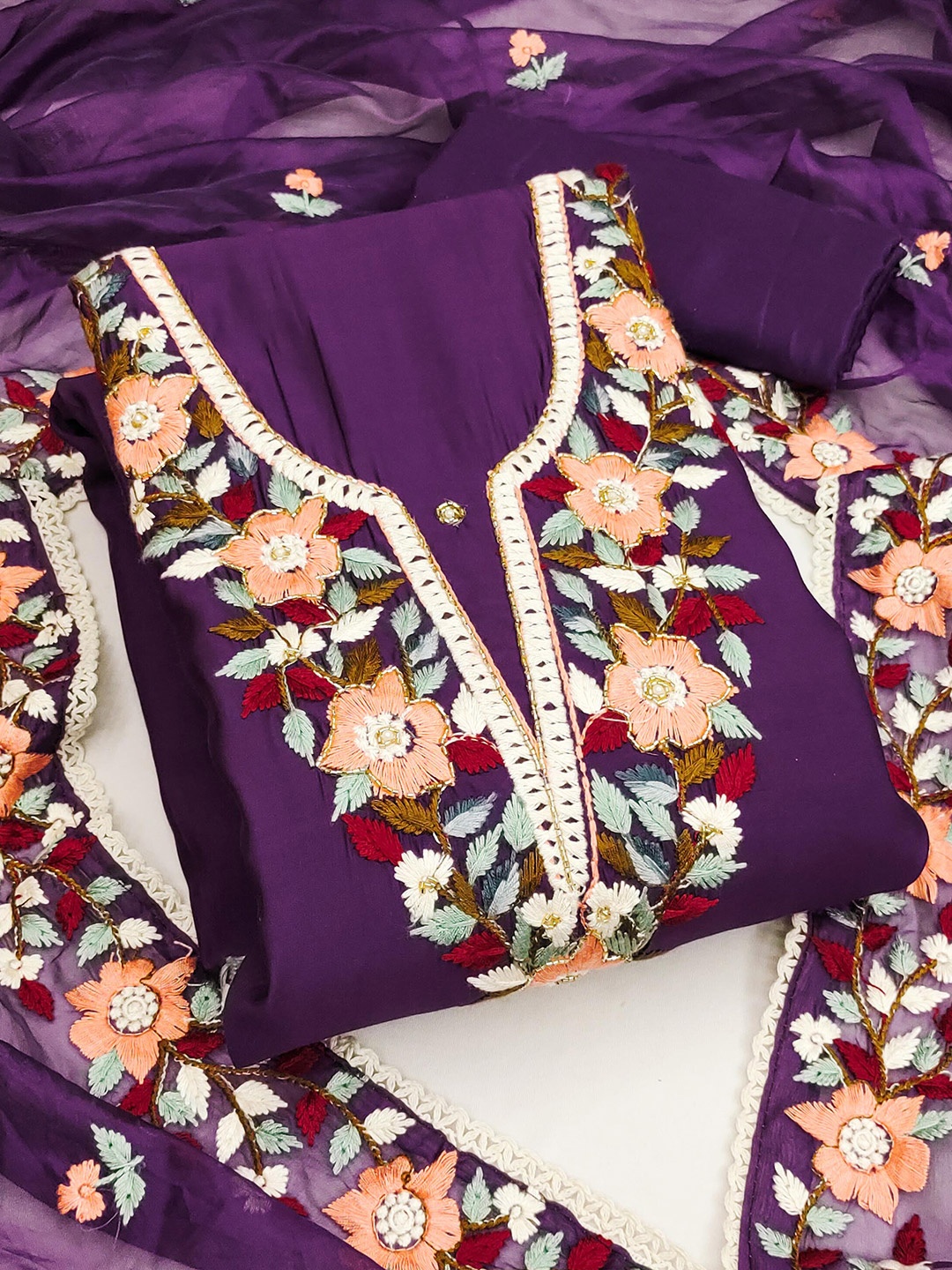 

KALINI Embroidered Pure Silk Unstitched Dress Material, Purple