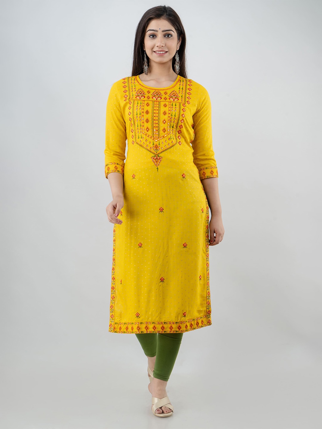 

STYLE ANGEL Embroidered & Printed Round Neck Straight Kurta, Mustard