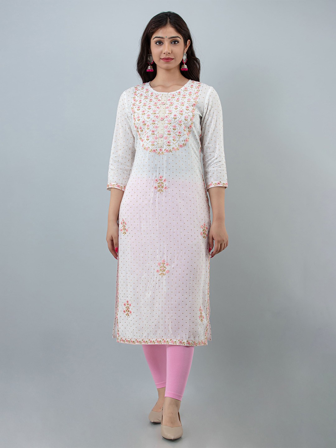 

STYLE ANGEL Embroidered & Printed Round Neck Straight Kurta, White
