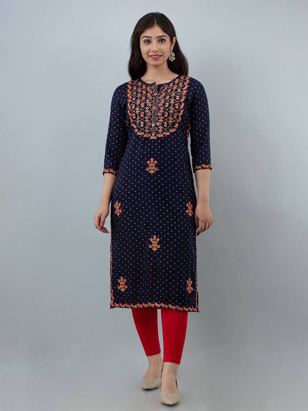 

STYLE ANGEL Embroidered & Printed Round Neck Straight Kurta, Blue