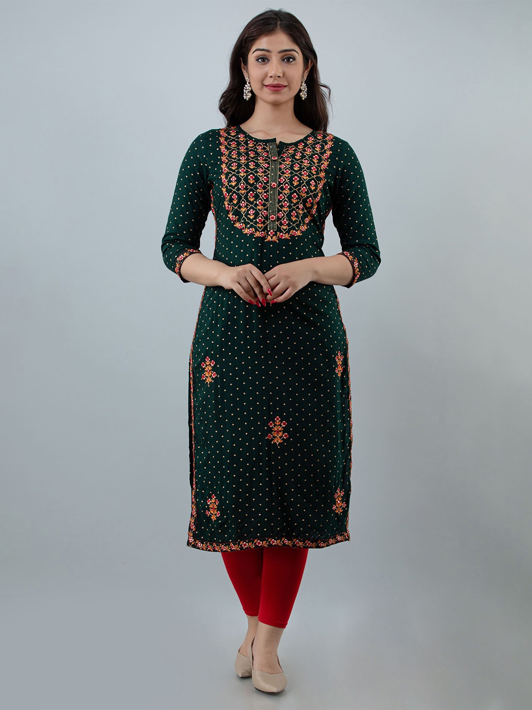 

STYLE ANGEL Embroidered & Printed Round Neck Straight Kurta, Green