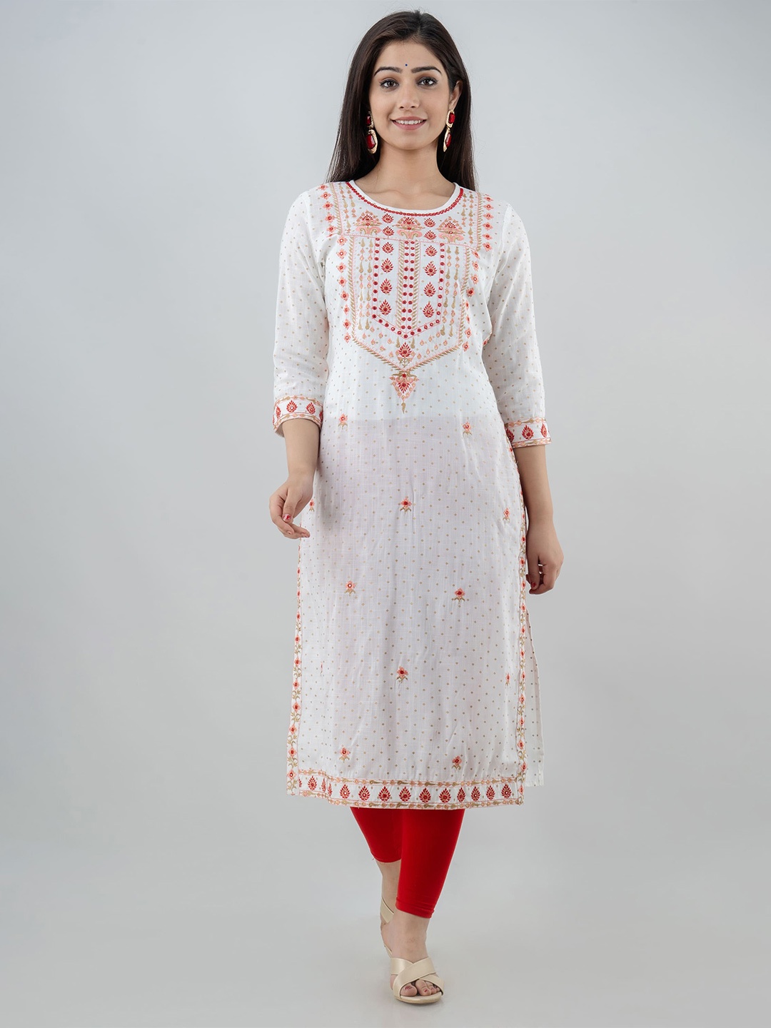 

STYLE ANGEL Embroidered & Printed Round Neck Straight Kurta, White