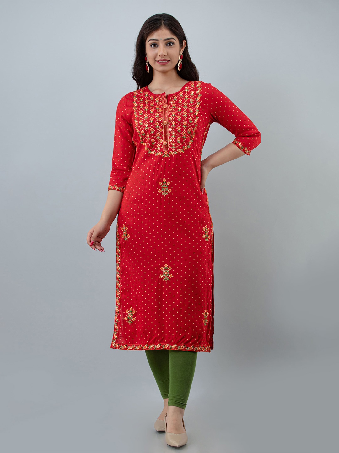 

STYLE ANGEL Embroidered & Printed Round Neck Straight Kurta, Red