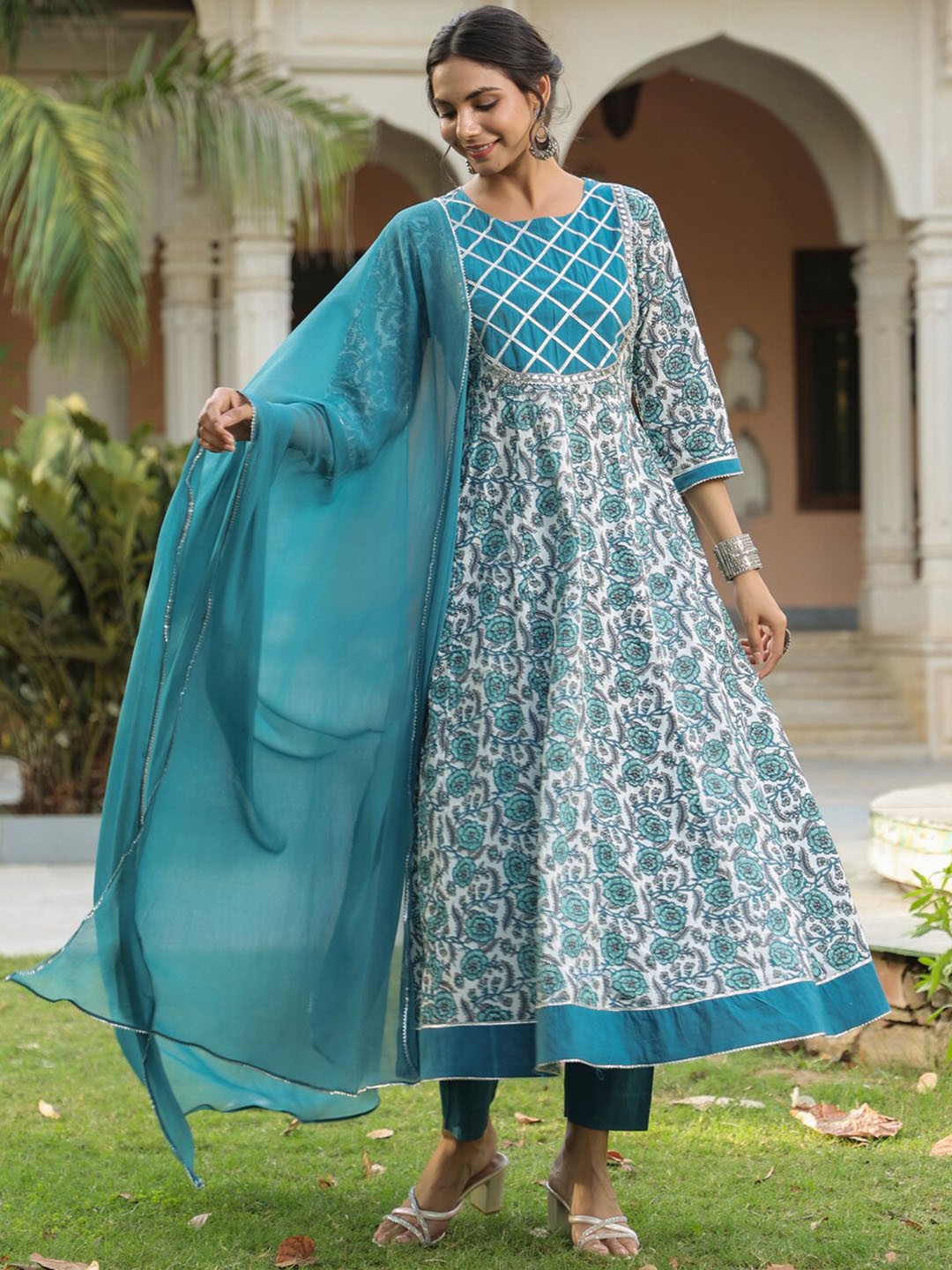 

KALINI Floral Printed Empire Gotta Patti Pure Cotton Kurta With Trousers & Dupatta, Blue