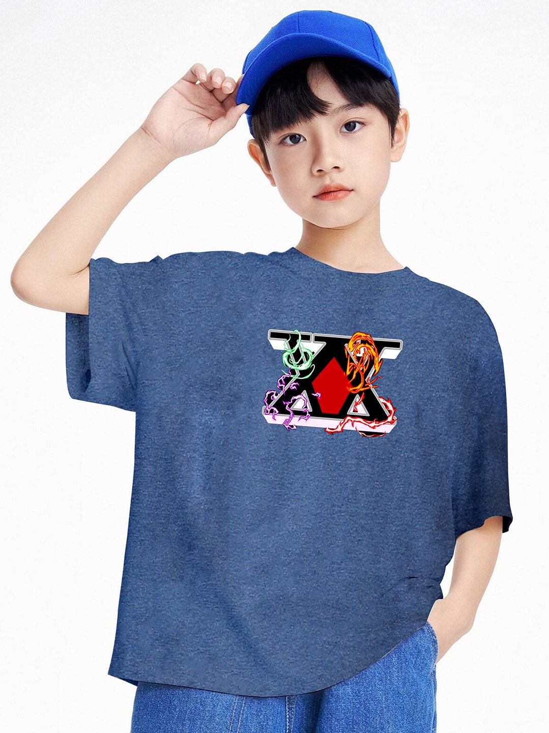 

BAESD Boys Hunter Anime Printed Oversized T-shirt, Blue