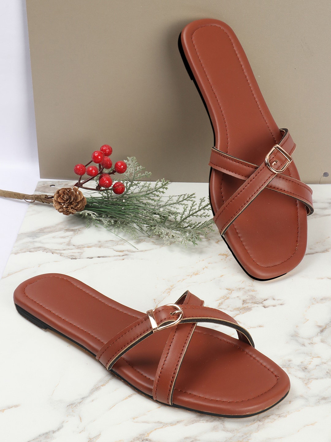 

ADIVER Buckle Detailed Open Toe Flats, Brown