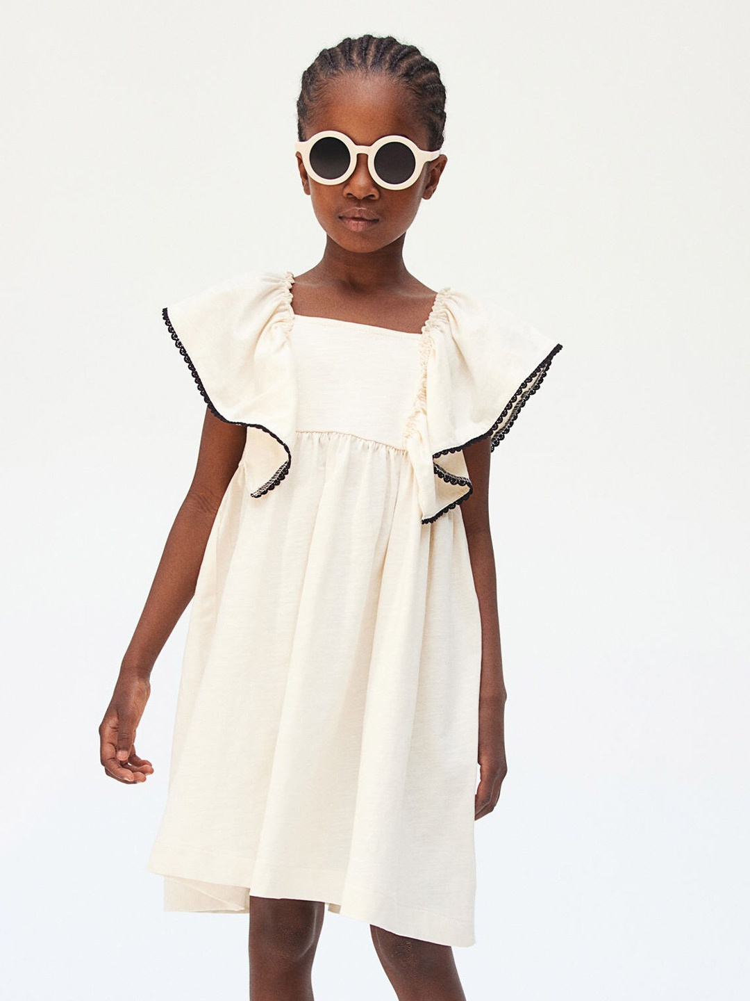 

H&M Girls Pure Cotton Butterfly-Sleeved Jersey Dress, White