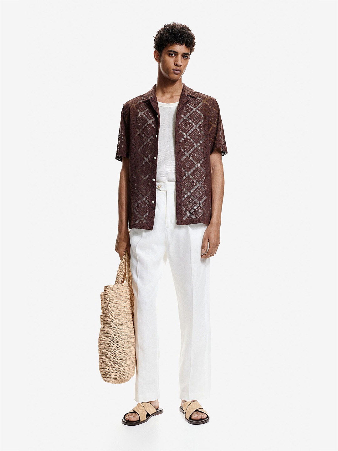

H&M Regular Fit Crochet-Look Resort Shirt, Brown