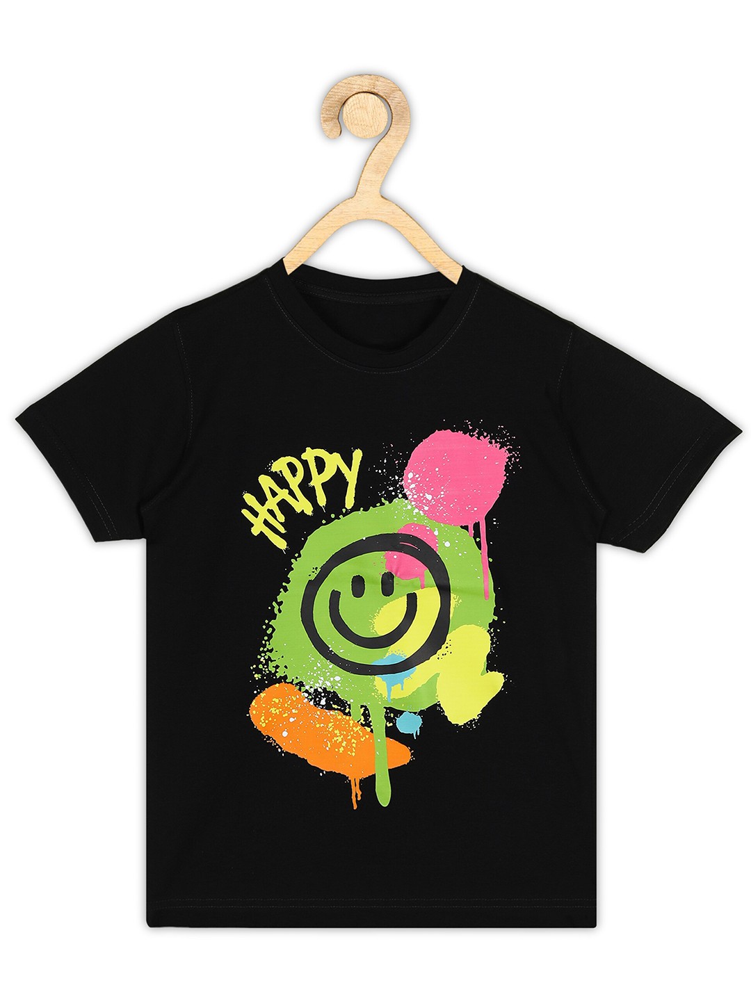 

BAESD Boys HAPPY Emoji Printed Cotton T-shirt, Black