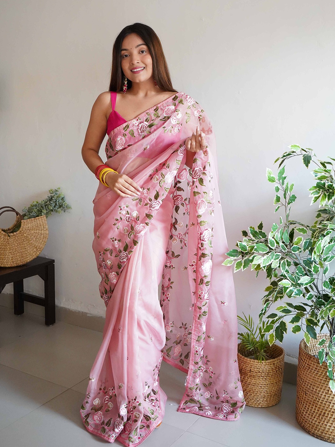 

DEVATITHI Floral Embroidered Organza Saree, Pink
