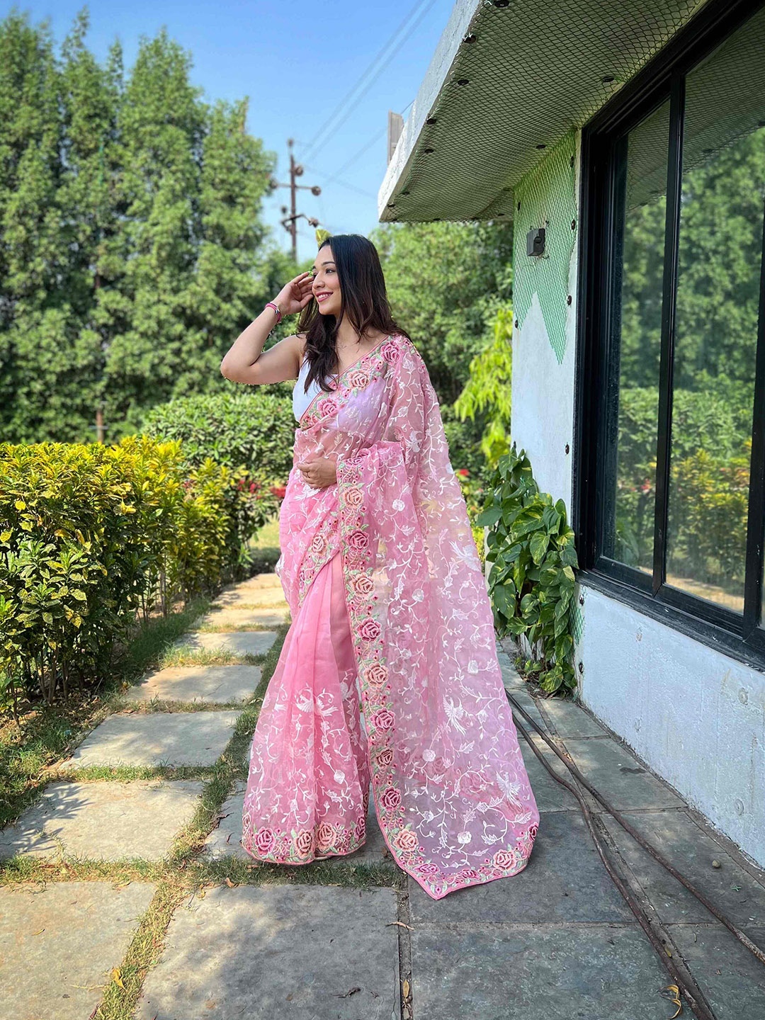 

DEVATITHI Floral Embroidered Organza Saree, Pink