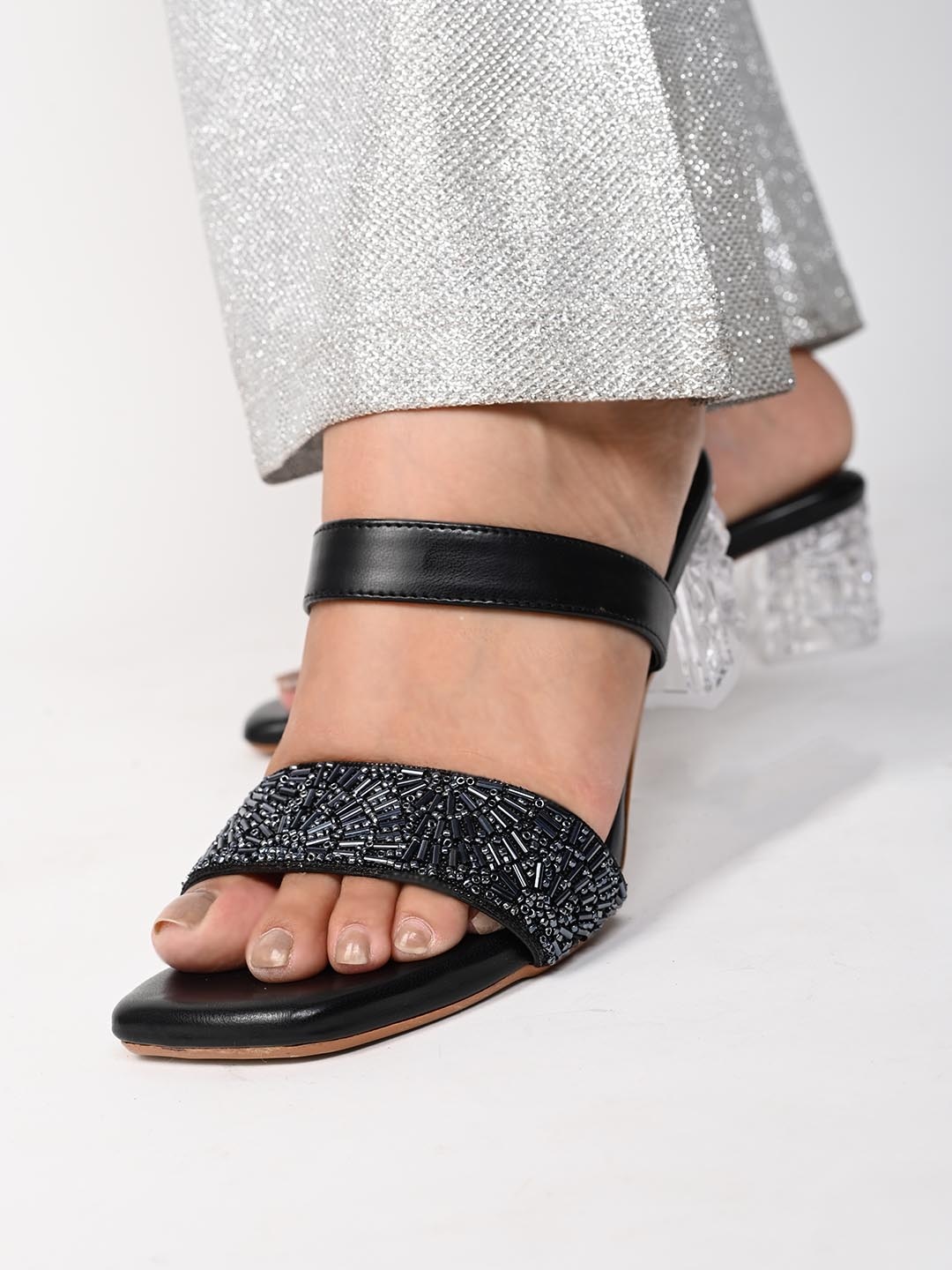 

ALL TABS OPEN Embellished Transparent Block Heel Sandals, Black