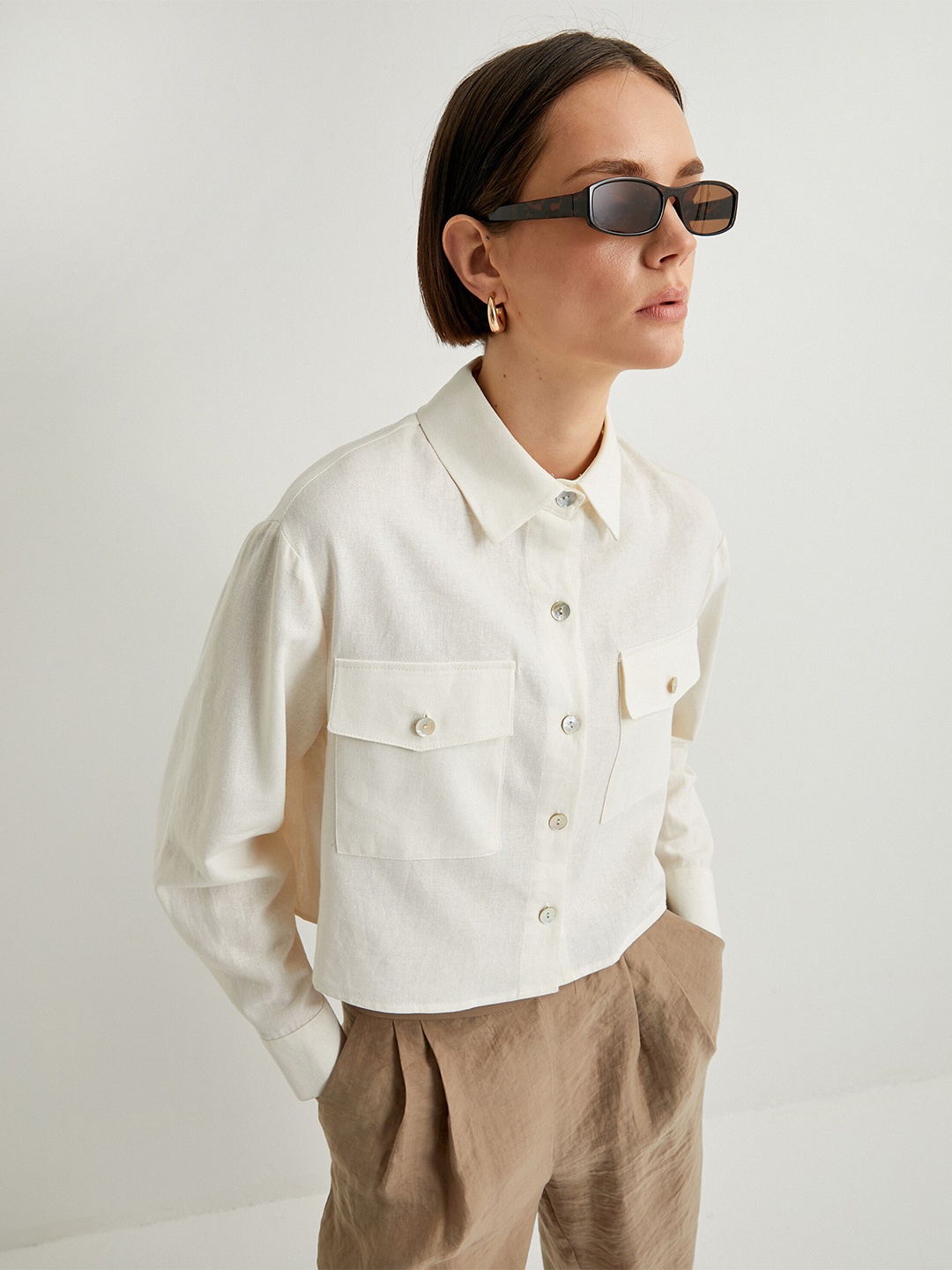 

Koton Spread Collar Long Sleeves Casual Crop Shirt, Beige