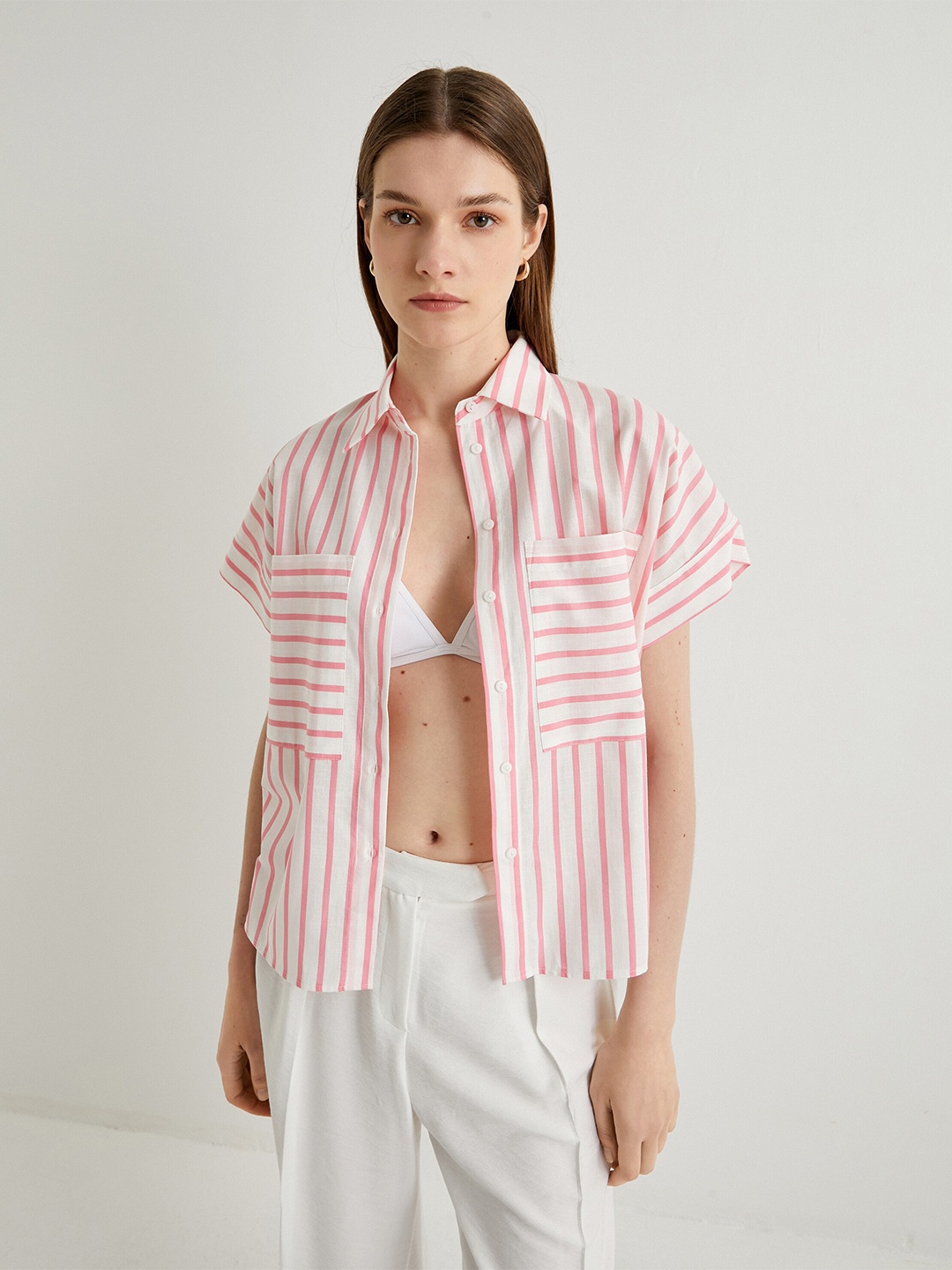 

Koton Striped Spread Collar Cotton Shirt, Pink